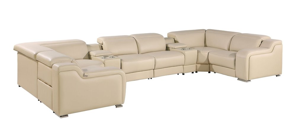 Beige Italian Leather Power Reclining U Shaped Eight Piece Corner Sectional With Console HomeRoots