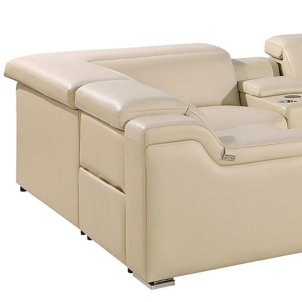 Beige Italian Leather Power Reclining U Shaped Eight Piece Corner Sectional With Console HomeRoots