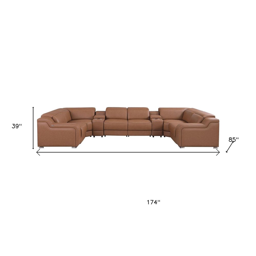 Chestnut Italian Leather Power Reclining U Shaped Eight Piece Corner Sectional With Console HomeRoots