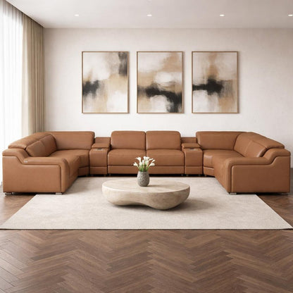 Chestnut Italian Leather Power Reclining U Shaped Eight Piece Corner Sectional With Console HomeRoots