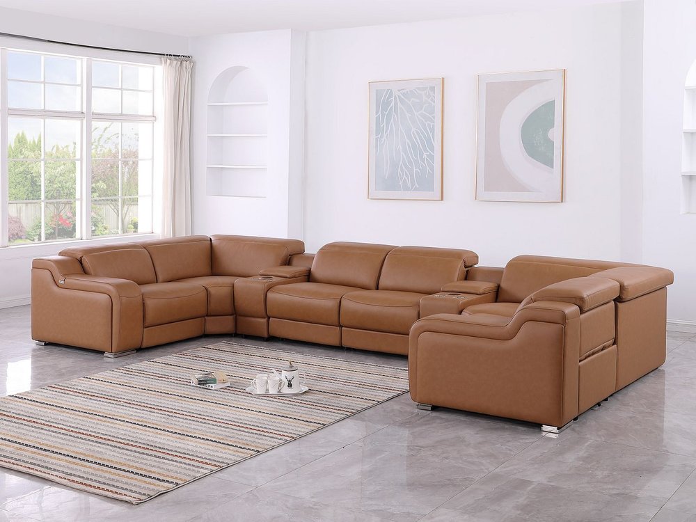 Chestnut Italian Leather Power Reclining U Shaped Eight Piece Corner Sectional With Console HomeRoots