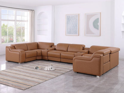Chestnut Italian Leather Power Reclining U Shaped Eight Piece Corner Sectional With Console HomeRoots
