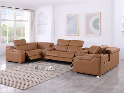 Chestnut Italian Leather Power Reclining U Shaped Eight Piece Corner Sectional With Console HomeRoots