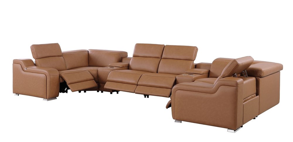 Chestnut Italian Leather Power Reclining U Shaped Eight Piece Corner Sectional With Console HomeRoots