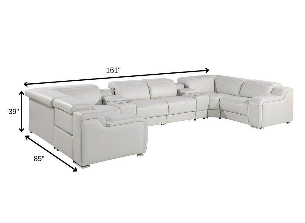 Light Gray Italian Leather Power Reclining U Shaped Eight Piece Corner Sectional With Console HomeRoots