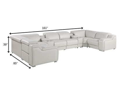 Light Gray Italian Leather Power Reclining U Shaped Eight Piece Corner Sectional With Console HomeRoots