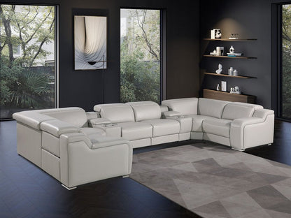 Light Gray Italian Leather Power Reclining U Shaped Eight Piece Corner Sectional With Console HomeRoots