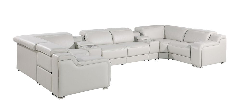Light Gray Italian Leather Power Reclining U Shaped Eight Piece Corner Sectional With Console HomeRoots