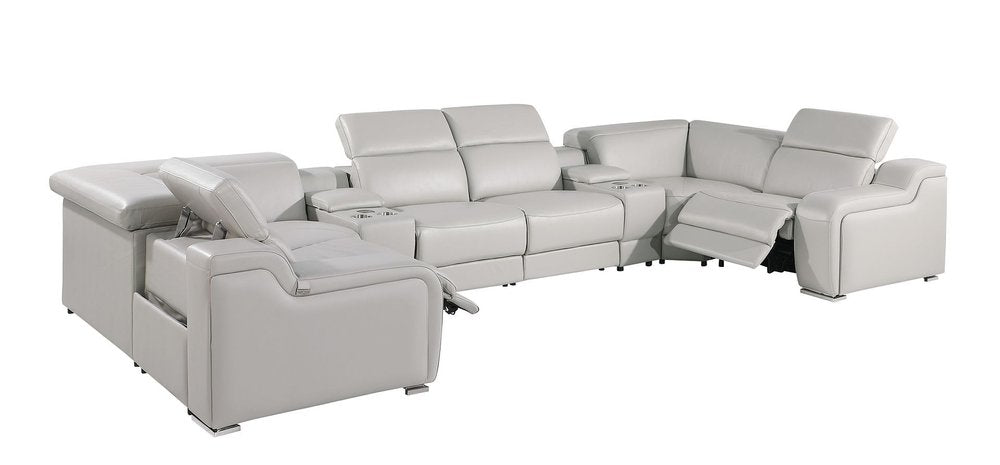 Light Gray Italian Leather Power Reclining U Shaped Eight Piece Corner Sectional With Console HomeRoots
