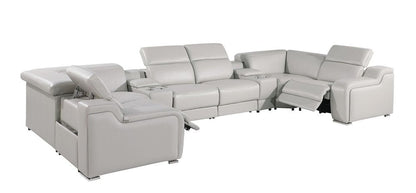 Light Gray Italian Leather Power Reclining U Shaped Eight Piece Corner Sectional With Console HomeRoots