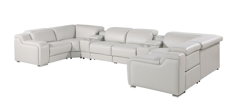 Light Gray Italian Leather Power Reclining U Shaped Eight Piece Corner Sectional With Console HomeRoots