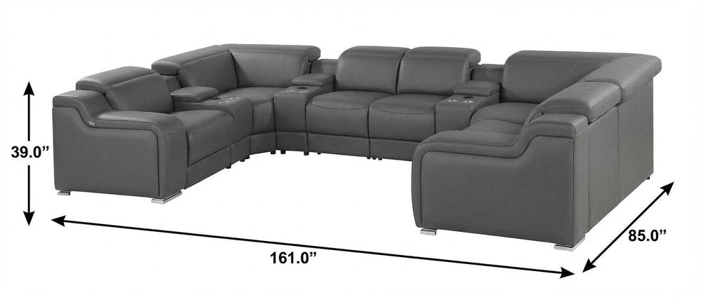 Dark Gray Italian Leather Power Reclining U Shaped Eight Piece Corner Sectional With Console HomeRoots
