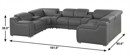 Dark Gray Italian Leather Power Reclining U Shaped Eight Piece Corner Sectional With Console HomeRoots