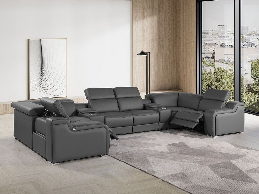Dark Gray Italian Leather Power Reclining U Shaped Eight Piece Corner Sectional With Console HomeRoots