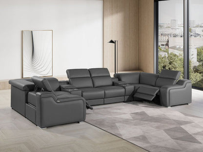 Dark Gray Italian Leather Power Reclining U Shaped Eight Piece Corner Sectional With Console HomeRoots