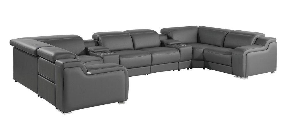 Dark Gray Italian Leather Power Reclining U Shaped Eight Piece Corner Sectional With Console HomeRoots