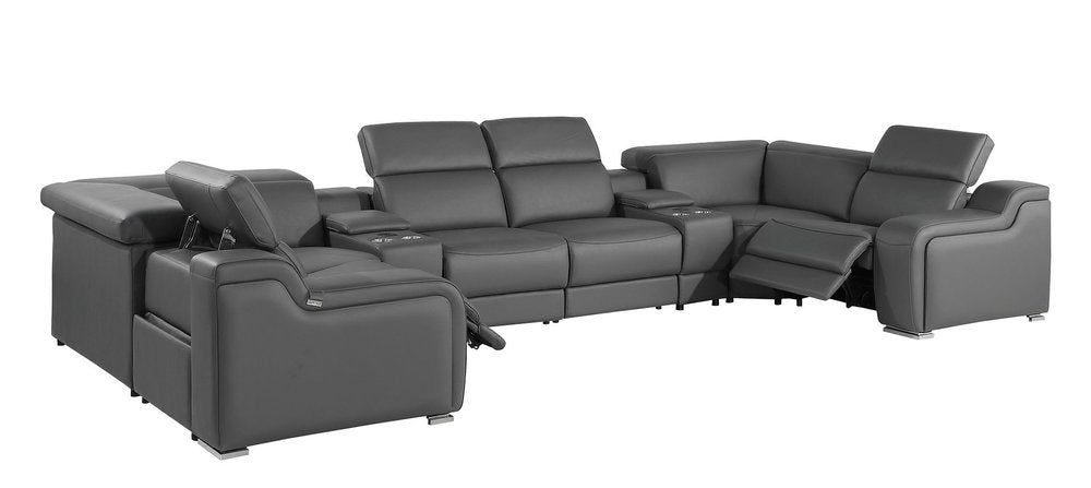 Dark Gray Italian Leather Power Reclining U Shaped Eight Piece Corner Sectional With Console HomeRoots