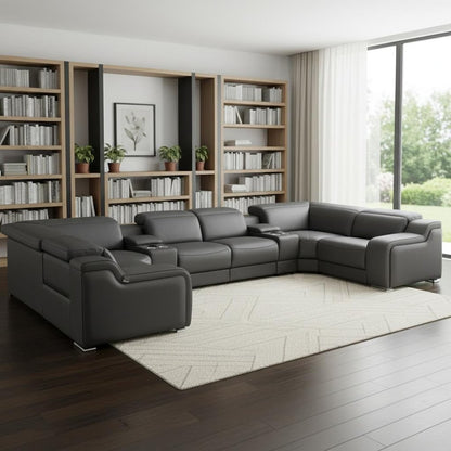 Dark Gray Italian Leather Power Reclining U Shaped Eight Piece Corner Sectional With Console HomeRoots