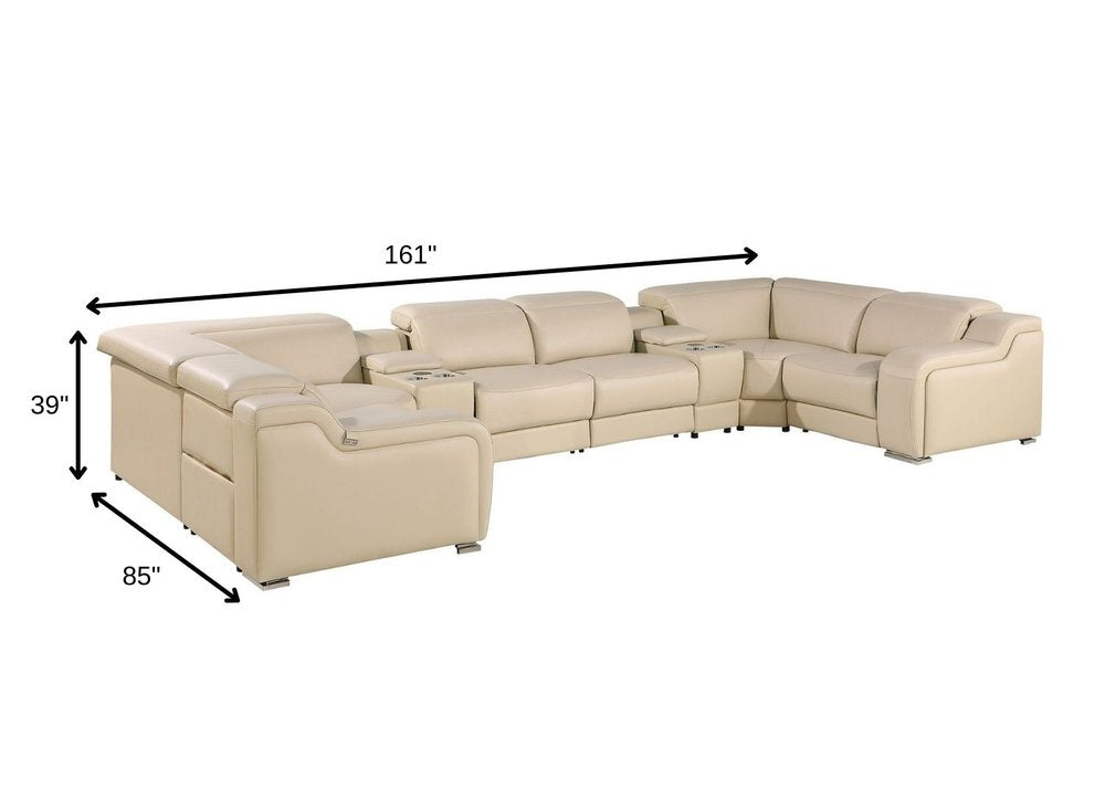 Beige Italian Leather Power Reclining U Shaped Eight Piece Corner Sectional With Console HomeRoots