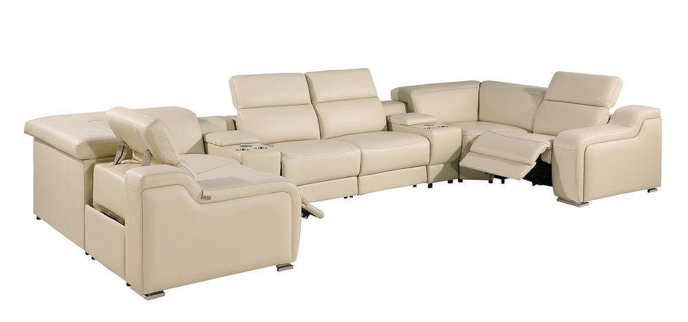 Beige Italian Leather Power Reclining U Shaped Eight Piece Corner Sectional With Console HomeRoots