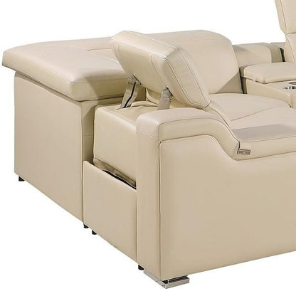 Beige Italian Leather Power Reclining U Shaped Eight Piece Corner Sectional With Console HomeRoots