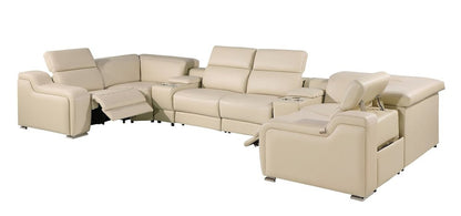 Beige Italian Leather Power Reclining U Shaped Eight Piece Corner Sectional With Console HomeRoots