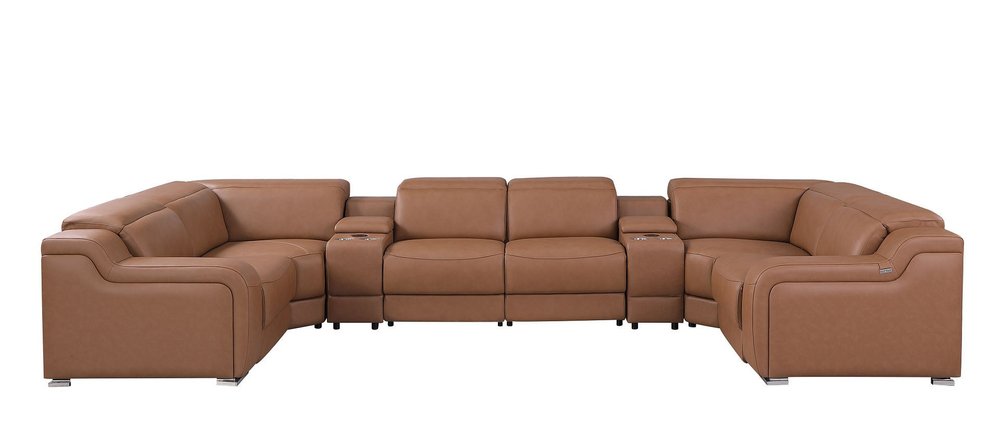 Chestnut Italian Leather Power Reclining U Shaped Eight Piece Corner Sectional With Console HomeRoots