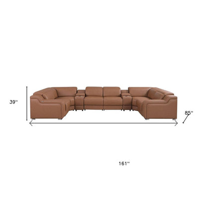 Chestnut Italian Leather Power Reclining U Shaped Eight Piece Corner Sectional With Console HomeRoots