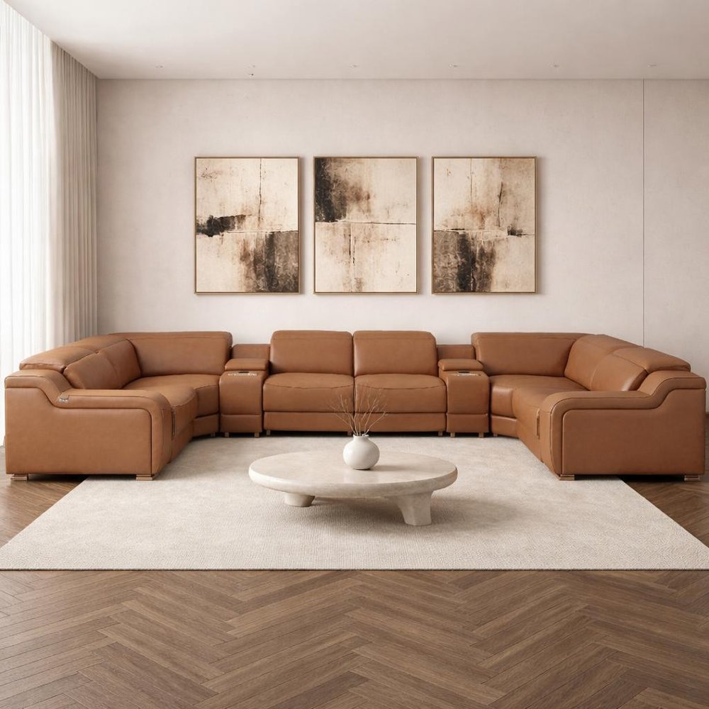 Chestnut Italian Leather Power Reclining U Shaped Eight Piece Corner Sectional With Console HomeRoots