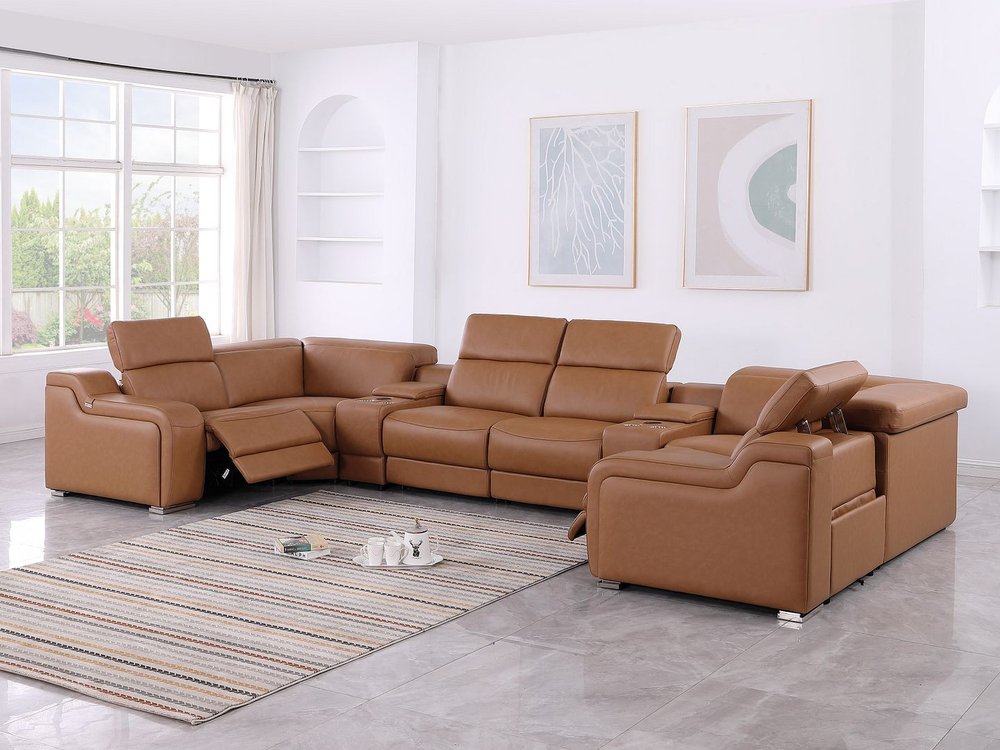 Chestnut Italian Leather Power Reclining U Shaped Eight Piece Corner Sectional With Console HomeRoots
