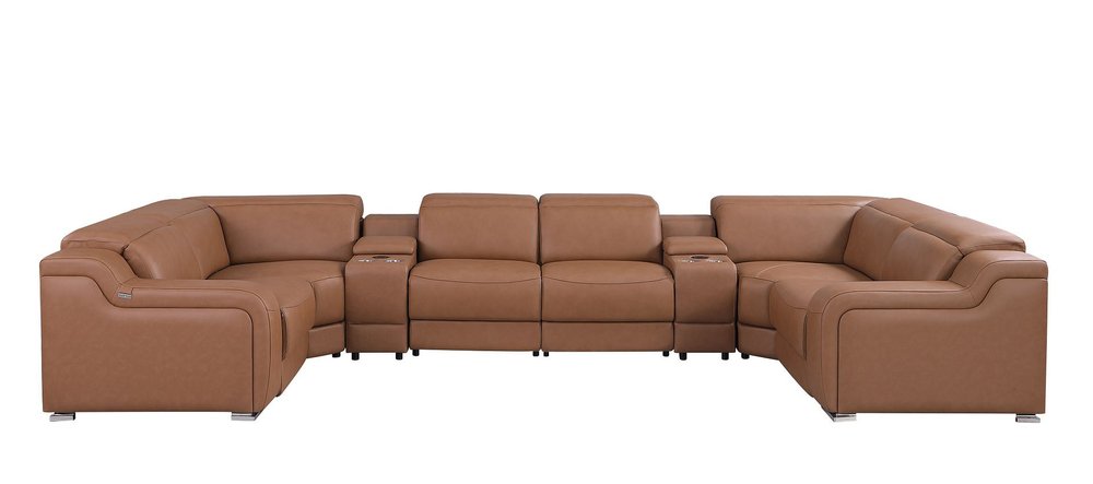 Chestnut Italian Leather Power Reclining U Shaped Eight Piece Corner Sectional With Console HomeRoots