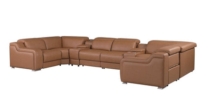 Chestnut Italian Leather Power Reclining U Shaped Eight Piece Corner Sectional With Console HomeRoots