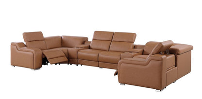 Chestnut Italian Leather Power Reclining U Shaped Eight Piece Corner Sectional With Console HomeRoots