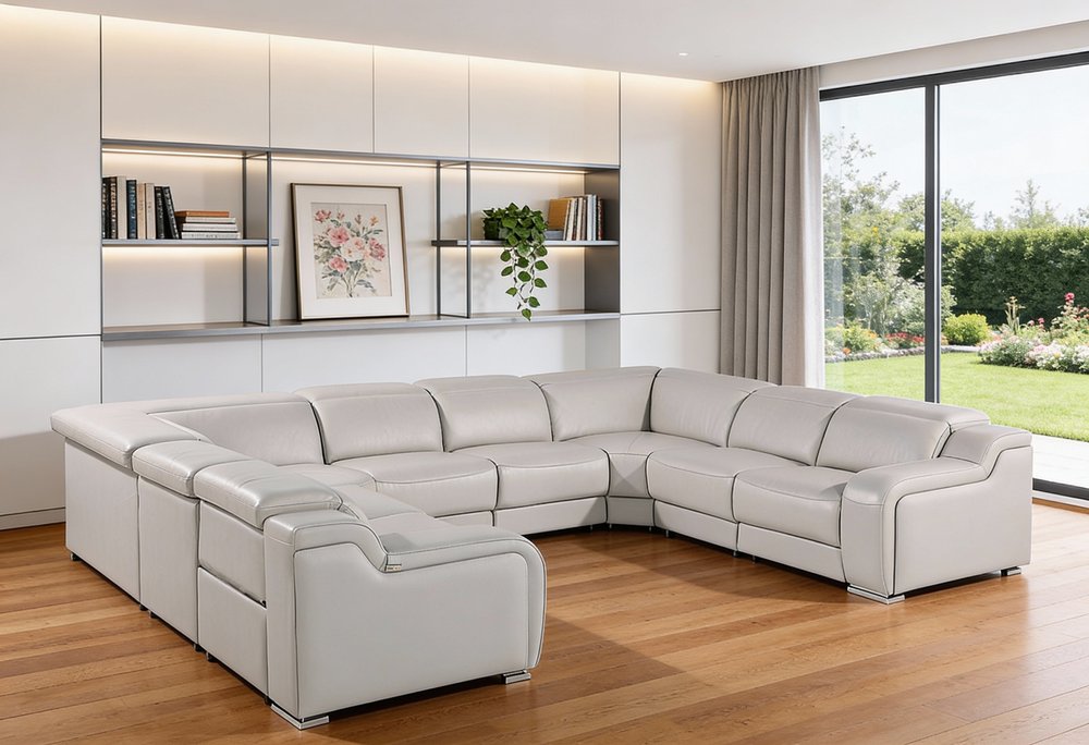 Light Gray Italian Leather Power Reclining U Shaped Eight Piece Corner Sectional With Console HomeRoots
