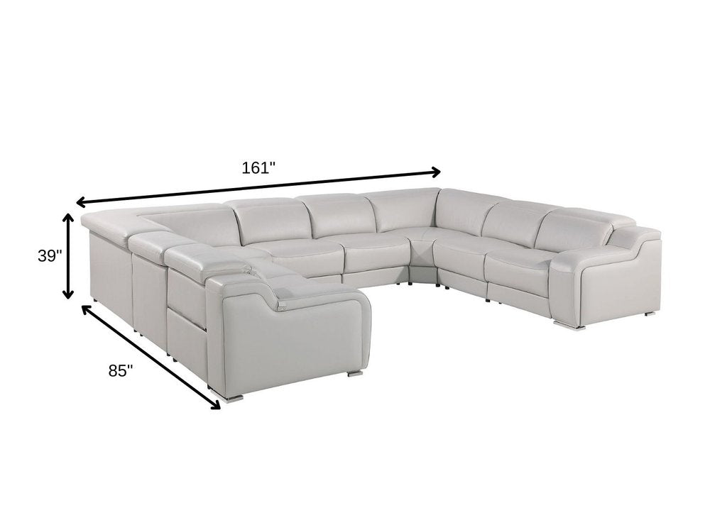 Light Gray Italian Leather Power Reclining U Shaped Eight Piece Corner Sectional With Console HomeRoots