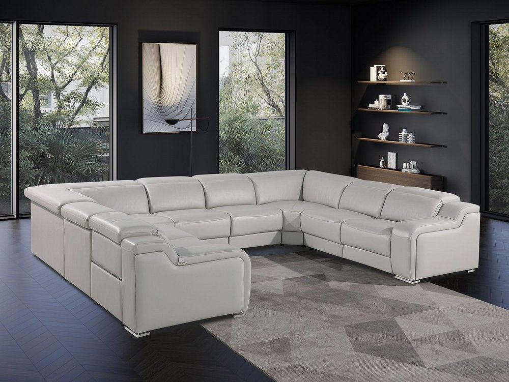 Light Gray Italian Leather Power Reclining U Shaped Eight Piece Corner Sectional With Console HomeRoots