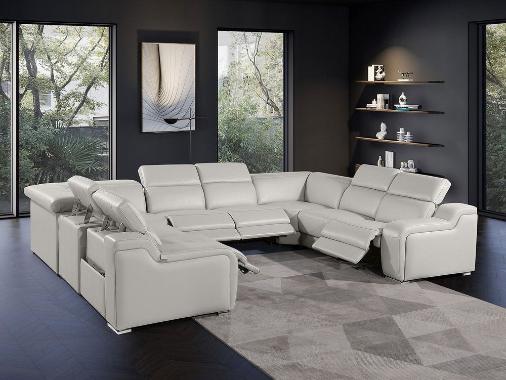 Light Gray Italian Leather Power Reclining U Shaped Eight Piece Corner Sectional With Console HomeRoots