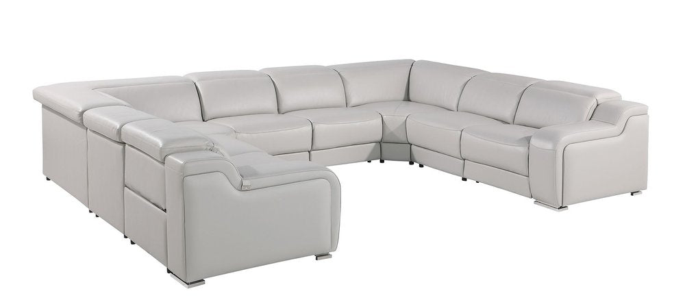 Light Gray Italian Leather Power Reclining U Shaped Eight Piece Corner Sectional With Console HomeRoots