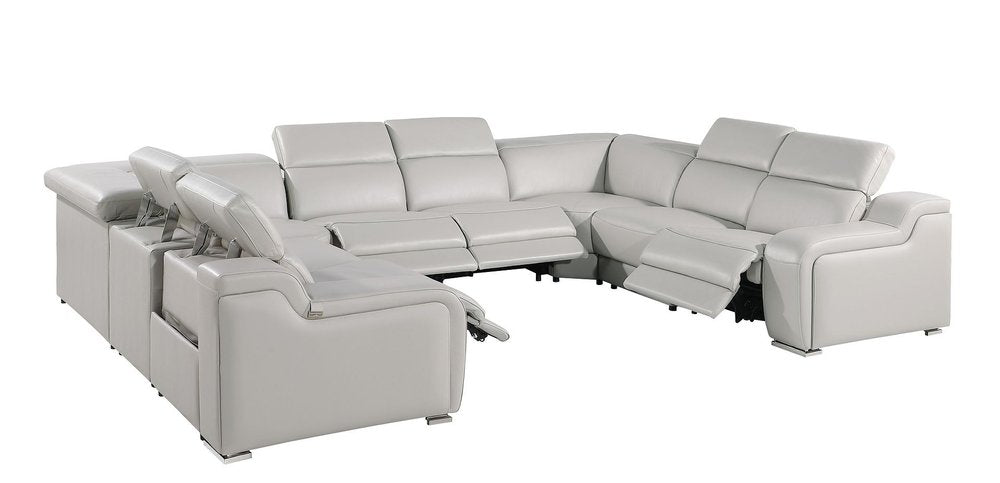 Light Gray Italian Leather Power Reclining U Shaped Eight Piece Corner Sectional With Console HomeRoots