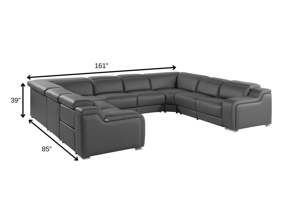 Dark Gray Italian Leather Power Reclining U Shaped Eight Piece Corner Sectional With Console HomeRoots