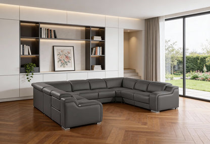 Dark Gray Italian Leather Power Reclining U Shaped Eight Piece Corner Sectional With Console HomeRoots