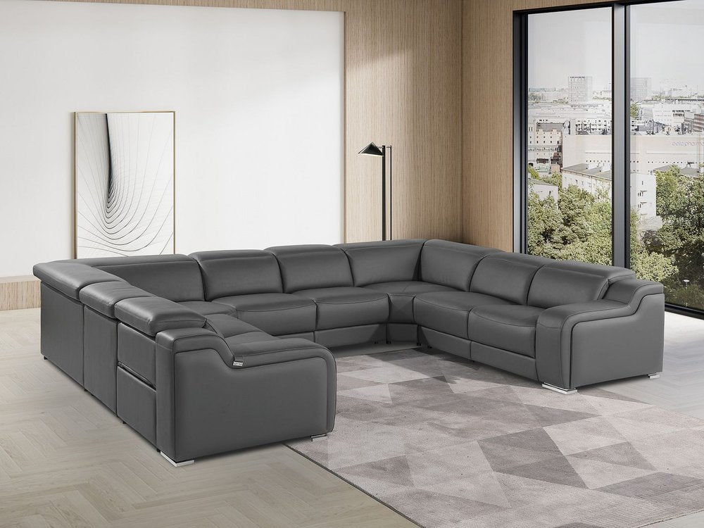 Dark Gray Italian Leather Power Reclining U Shaped Eight Piece Corner Sectional With Console HomeRoots