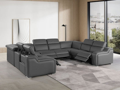 Dark Gray Italian Leather Power Reclining U Shaped Eight Piece Corner Sectional With Console HomeRoots