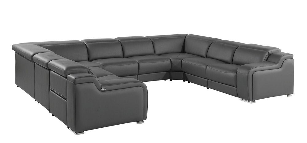 Dark Gray Italian Leather Power Reclining U Shaped Eight Piece Corner Sectional With Console HomeRoots