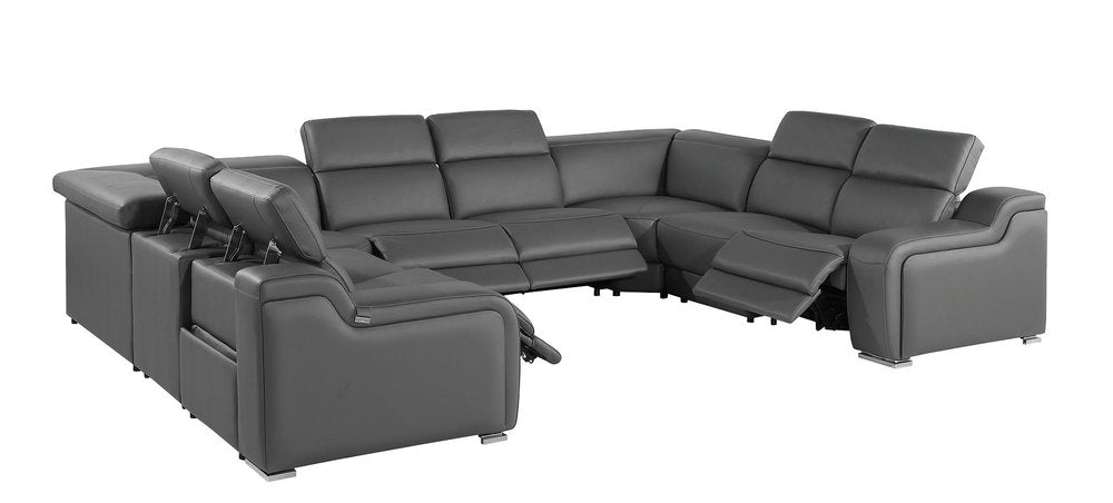 Dark Gray Italian Leather Power Reclining U Shaped Eight Piece Corner Sectional With Console HomeRoots