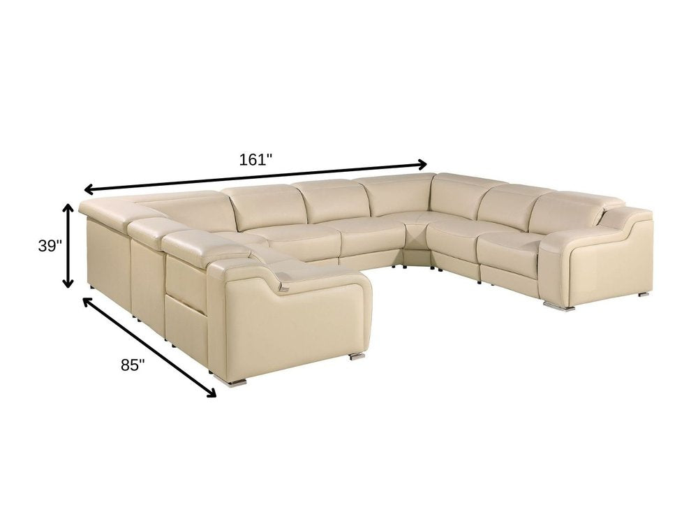 Beige Italian Leather Power Reclining U Shaped Eight Piece Corner Sectional With Console HomeRoots