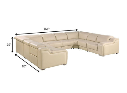 Beige Italian Leather Power Reclining U Shaped Eight Piece Corner Sectional With Console HomeRoots