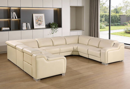 Beige Italian Leather Power Reclining U Shaped Eight Piece Corner Sectional With Console HomeRoots