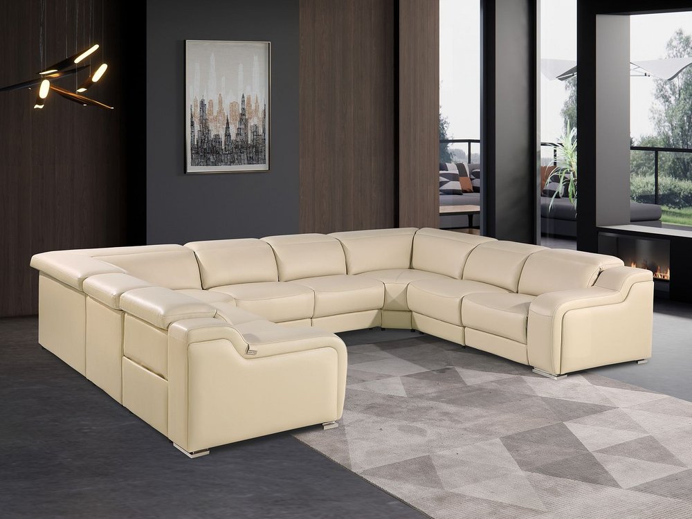 Beige Italian Leather Power Reclining U Shaped Eight Piece Corner Sectional With Console HomeRoots
