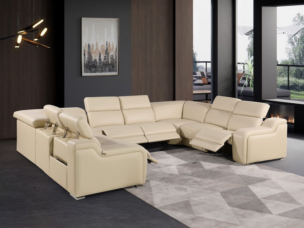 Beige Italian Leather Power Reclining U Shaped Eight Piece Corner Sectional With Console HomeRoots